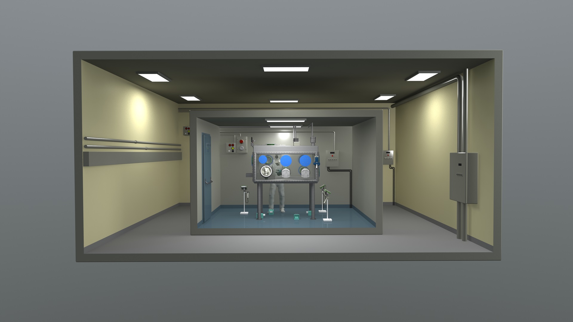 3D representation of a glove box. All of the nuclear material and manufacturing process are confined within multiple protection layers.