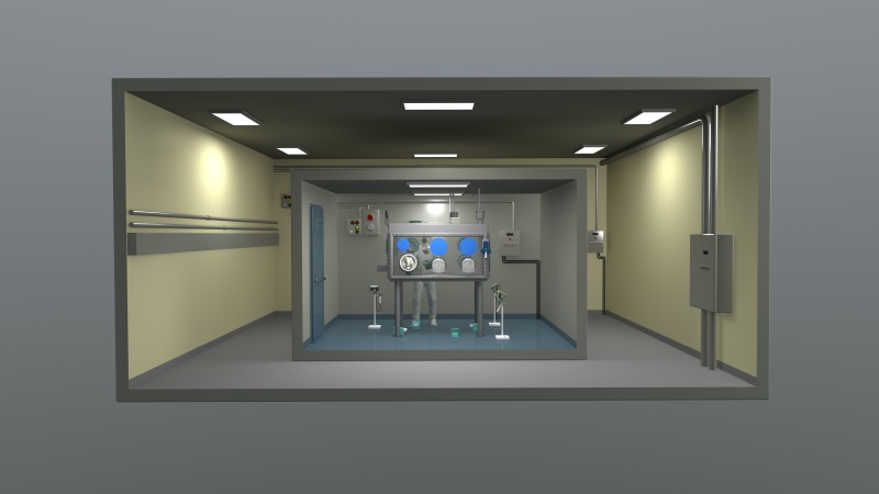 Représentation 3D d'une boîte à gants. L’ensemble de la matière nucléaire et du procédé de fabrication est confiné en dépression. 