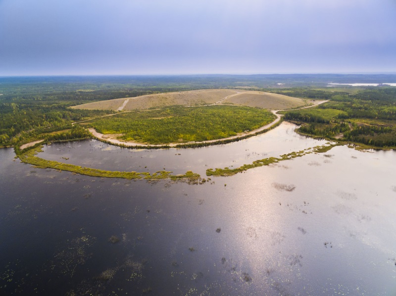 Aerial view of redeveloped mining site at Cluff Lake, Canada. 